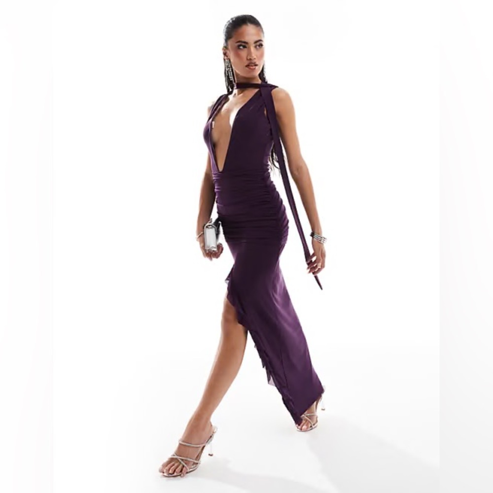 ASOS EXCLUSIVE - MURCI UK TIE NECK DEEP PLUNGE MAXI DRESS - PURPLE